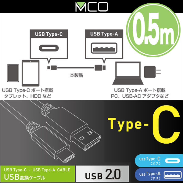 ミヨシ USB2.0ケーブル C-Aコネクタ 0.5m(ブラック) USB-CA25